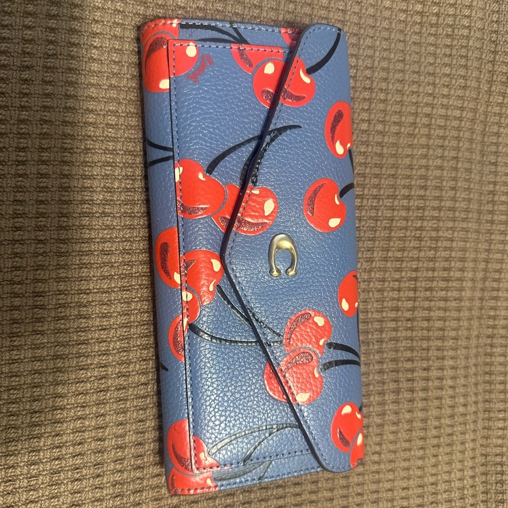 NWOT Coach Blue Cherry Print Envelope Leather Wallet